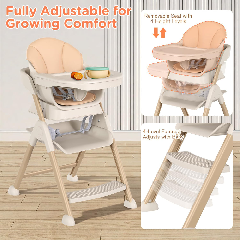 EROMMY 6-in-1 high chair seat detail highlights wipe-clean material for busy families
