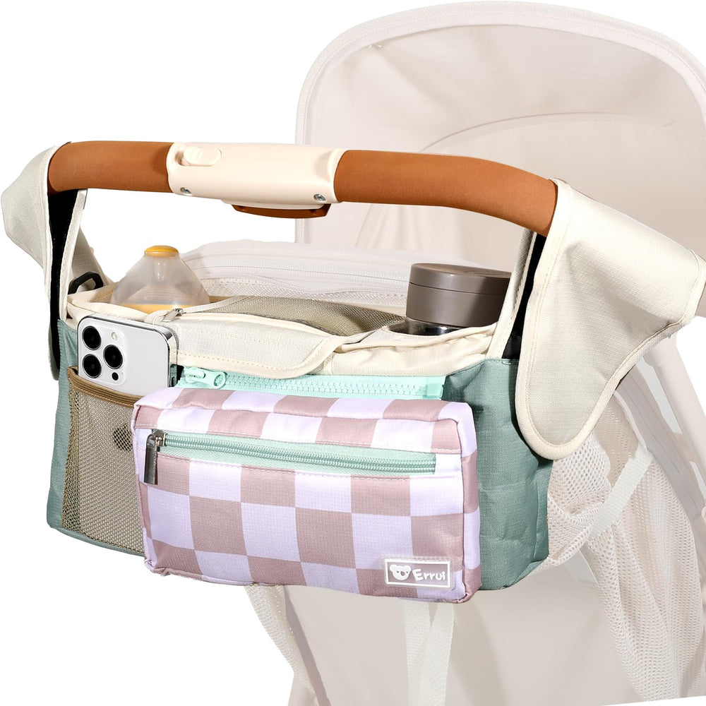 ERRUI organizer in use on a stroller during morning errands