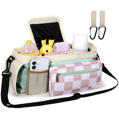 ERRUI organizer with insulated cup holders keeping drinks accessible during strolls