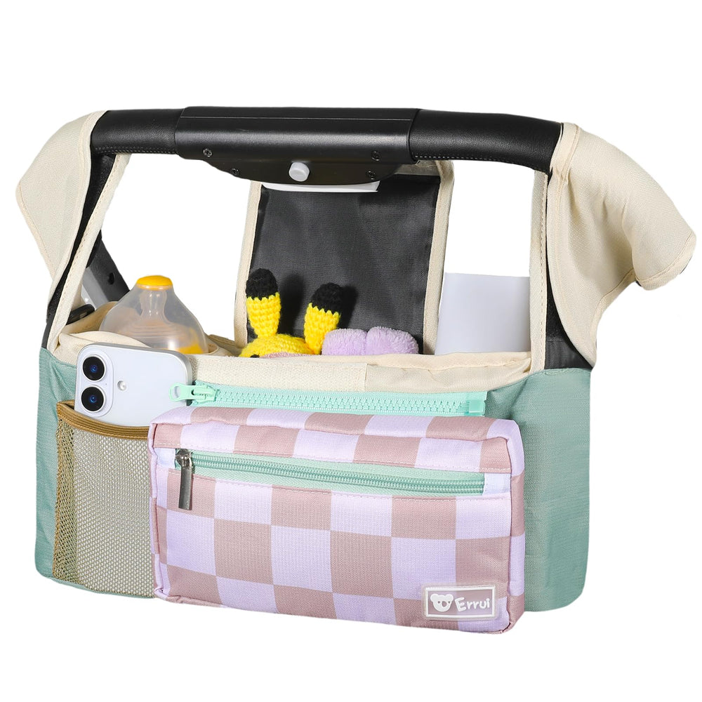 ERRUI Universal Stroller Organizer in green demonstrates tidy on-the-go storage for essentials
