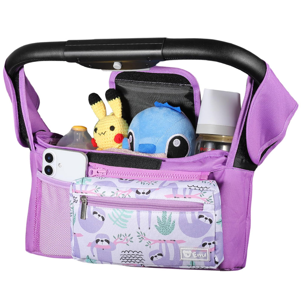 ERRUI universal stroller organizer purple sloth full view showing organized pockets