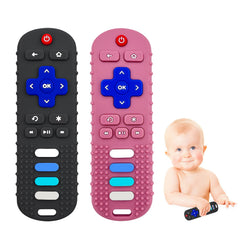 ERSIHUA 2-pack silicone teething remote toys in black and pink soothe gums.