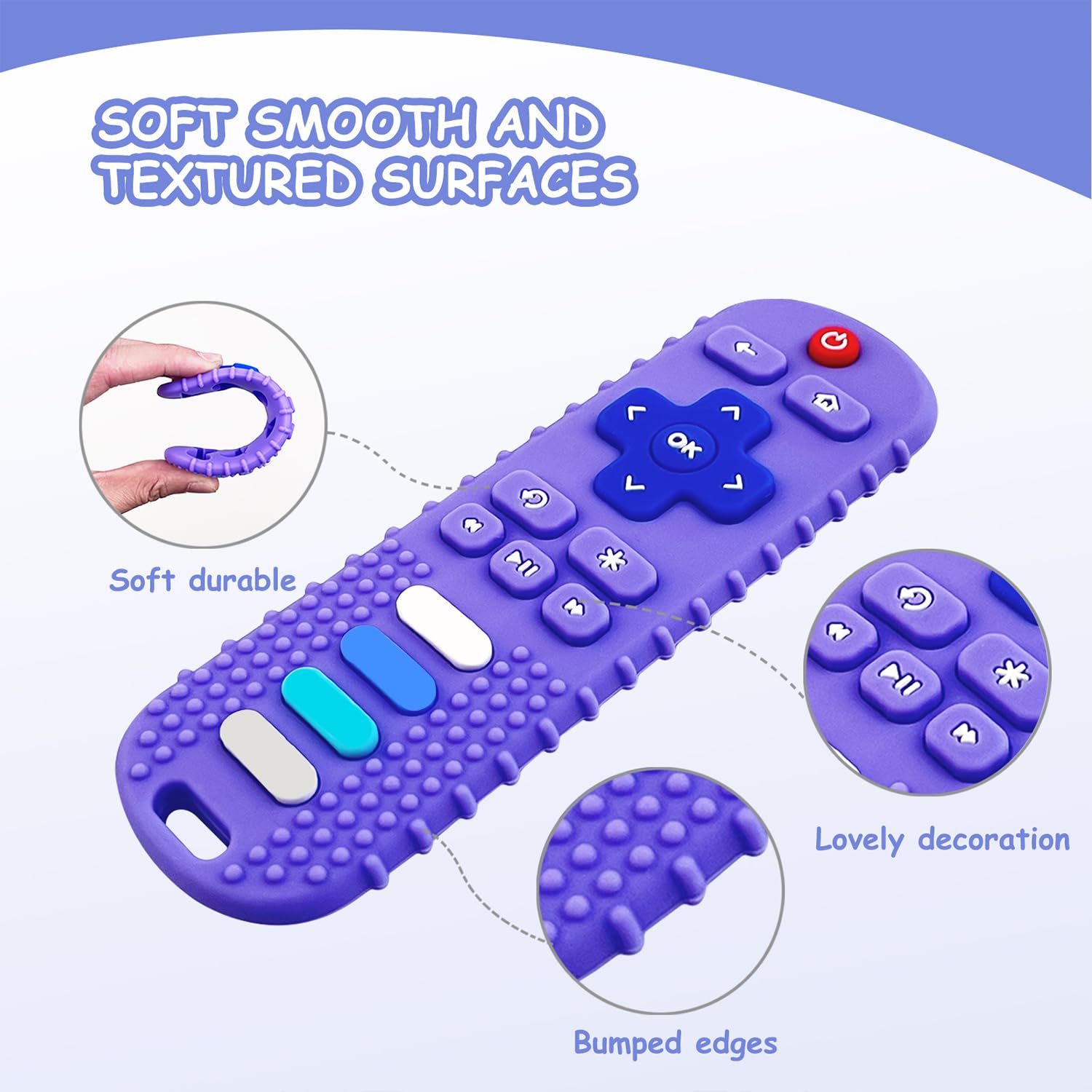 ERSIHUA remote teether baby-holding view shows safe, one-piece design