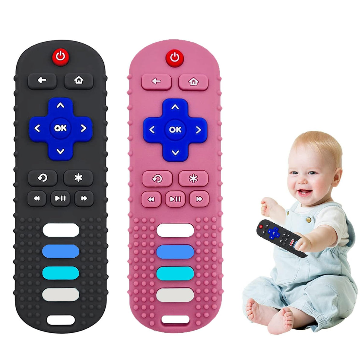 ERSIHUA remote teether black promotes calm gums with textured surfaces.
