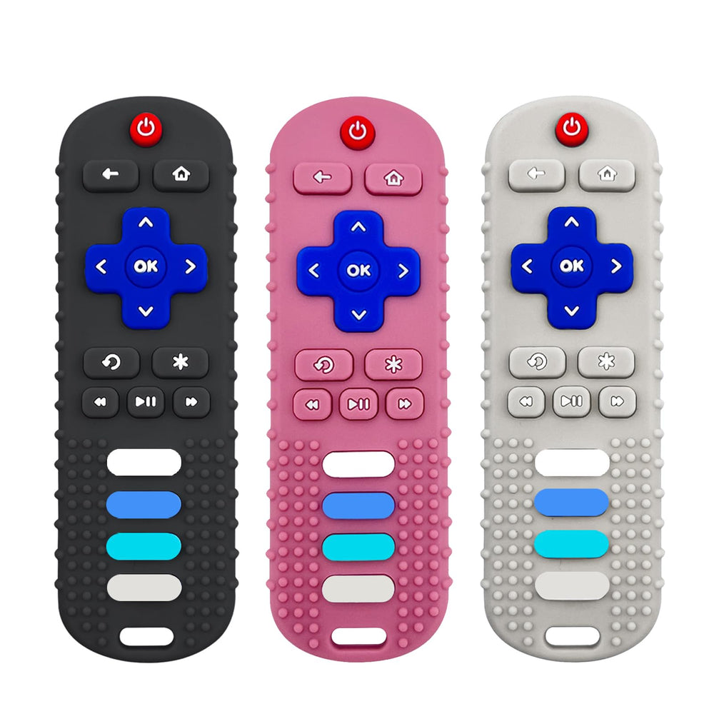 ERSIHUA remote teether blue demonstrating safe silicone design for teething relief