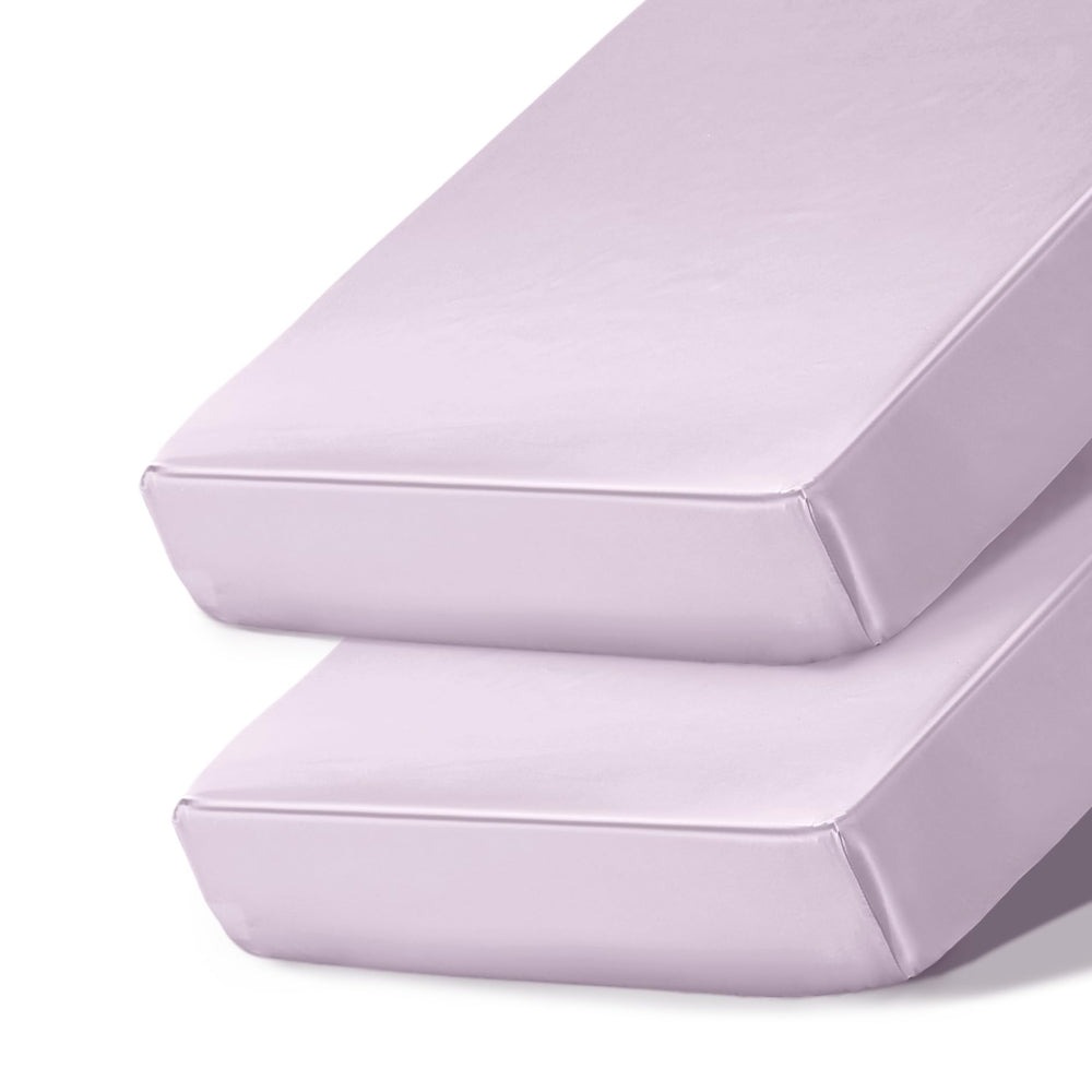 Ersmak satin crib sheets 2-pack in lavender offer silky softness for gentle baby sleep.