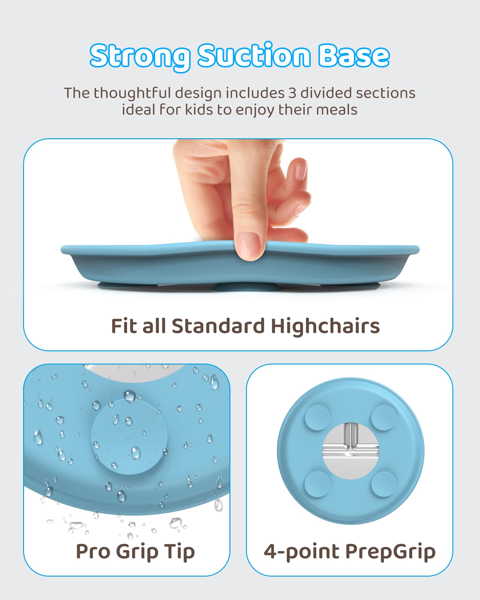 ERUSEHE silicone suction base detail on blue plate aids self-feeding.