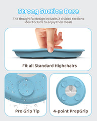 ERUSEHE silicone suction base detail on blue plate aids self-feeding.