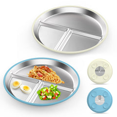ERUSEHE stainless steel kids plates in blue with suction for mess-free meals.