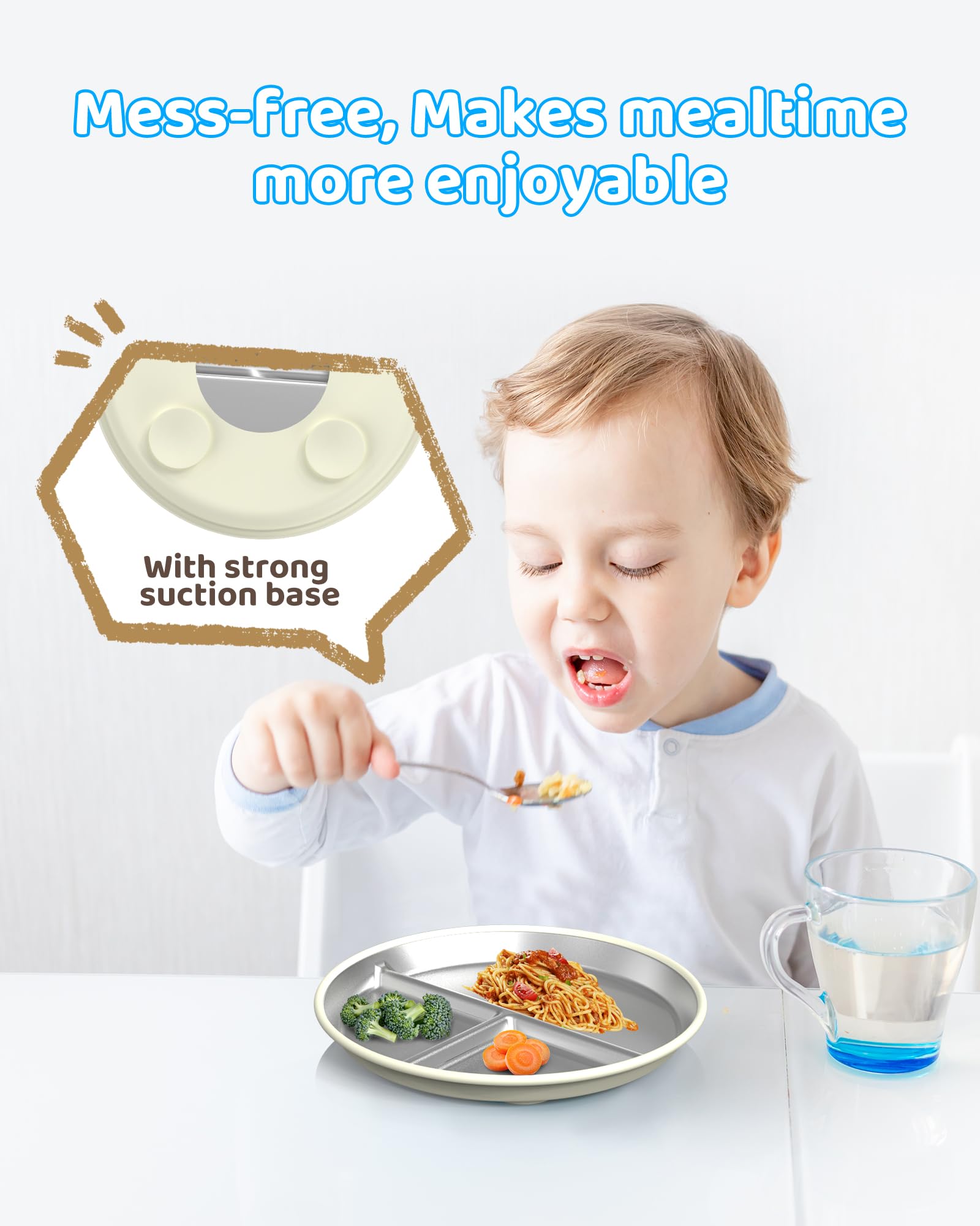 ERUSEHE stainless steel kids plates in yellow with suction for stability.