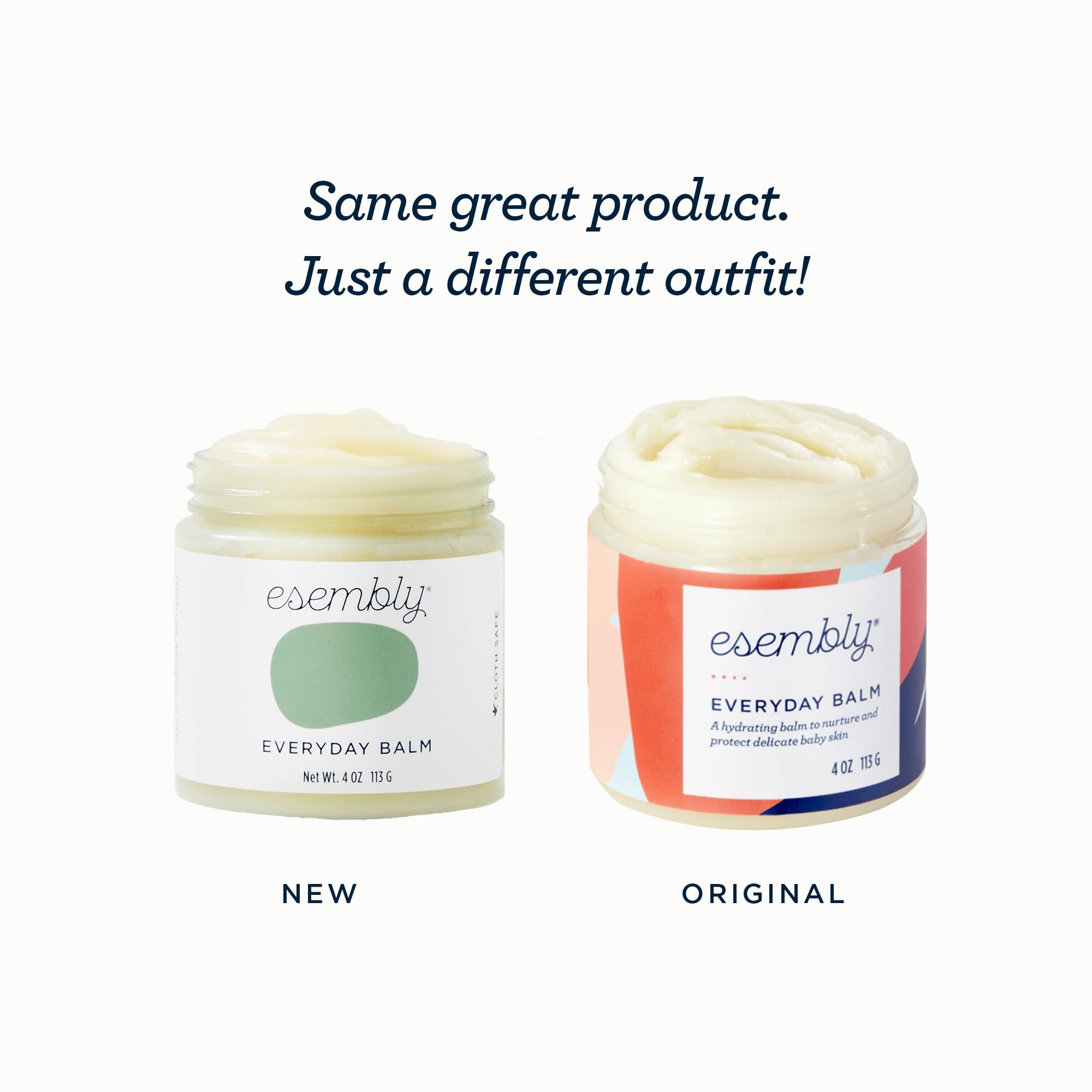 Esembly Everyday Balm ingredients graphic highlighting coconut oil, beeswax, and vitamin E