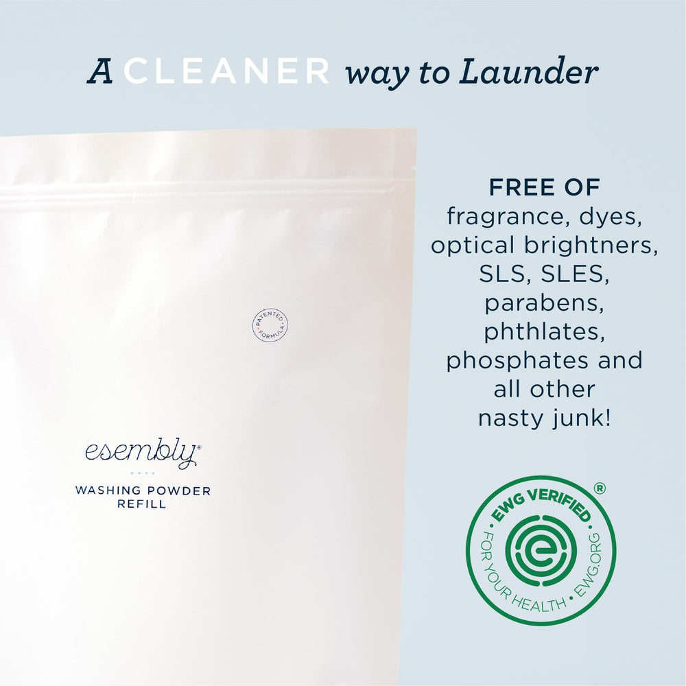 Esembly Laundry Powder canister shows 3lb storage with scoop for easy, measured washing.