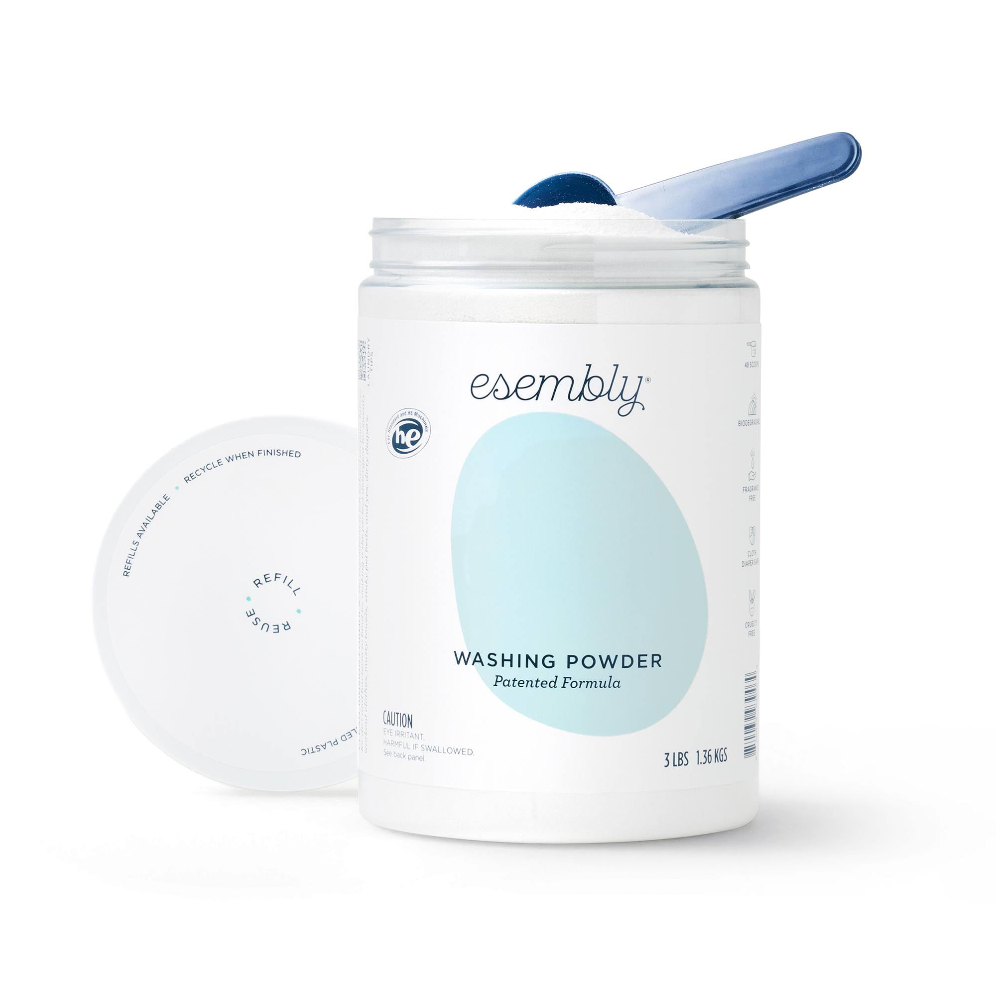 Esembly Laundry Powder canister shows fragrance-free, eco-friendly detergent for sensitive skin.