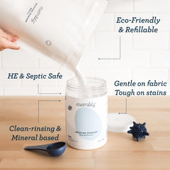 Esembly Laundry Powder grains closeup highlights mineral-based cleaning without harsh chemicals.