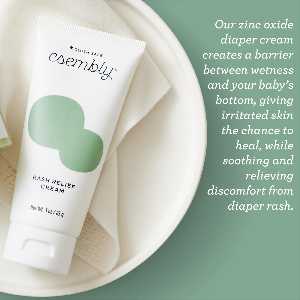 Esembly Rash Relief Cream after-diaper-change scene suggests liberal application for redness relief.