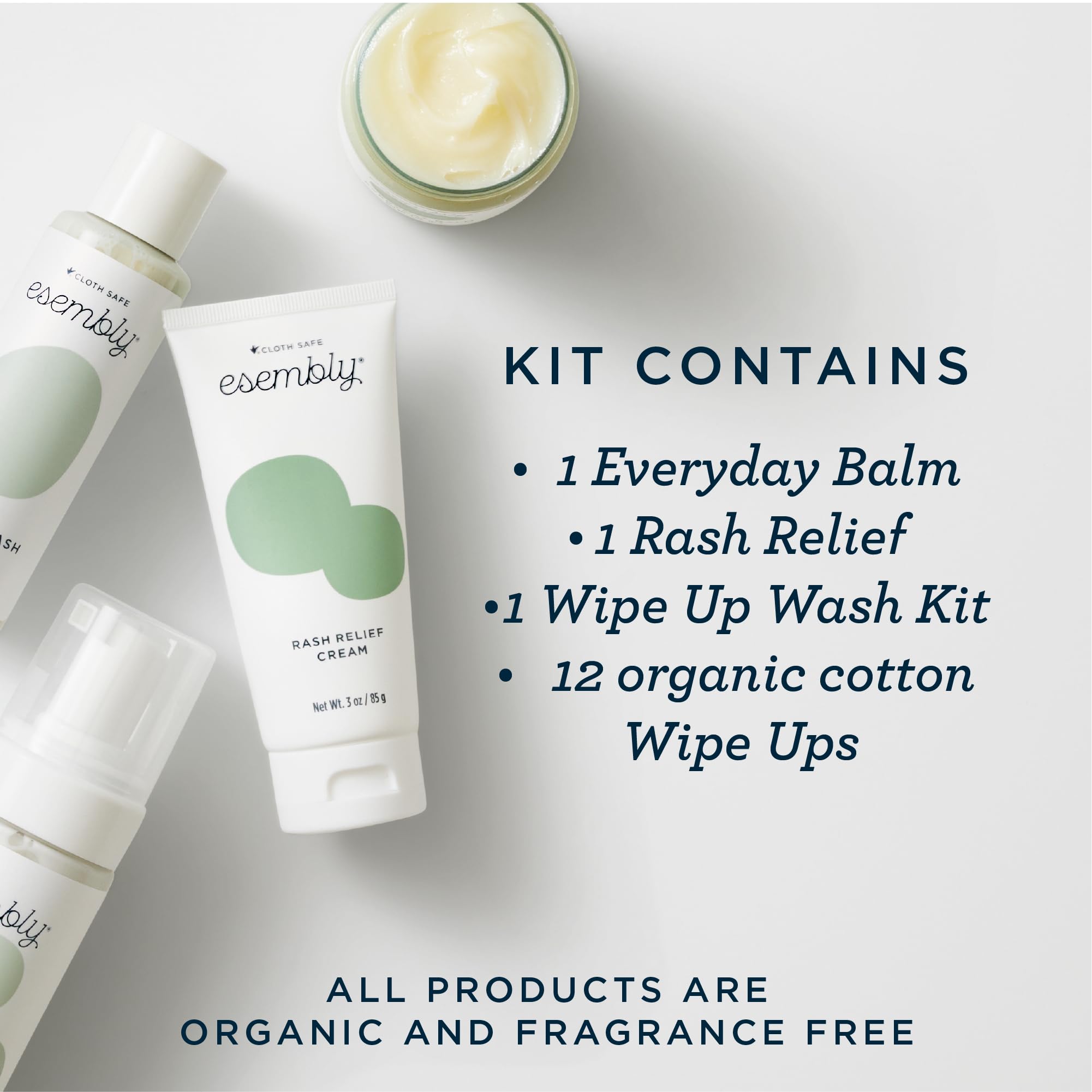 Esembly Rash Relief Cream tube with zinc oxide forms a moisture barrier for irritated skin.