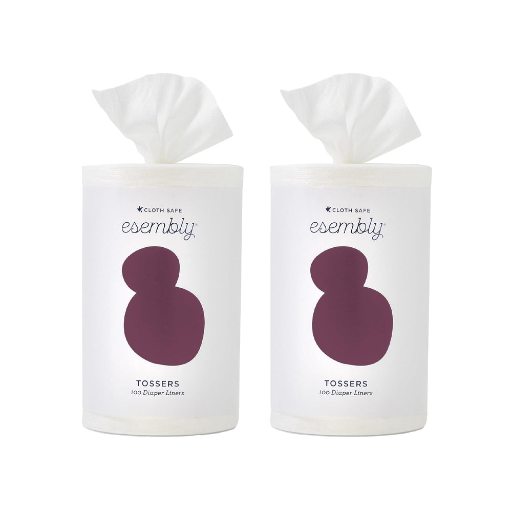 Esembly Tossers two-rolls pack visible; quick, mess-free disposal for cloth diapers.