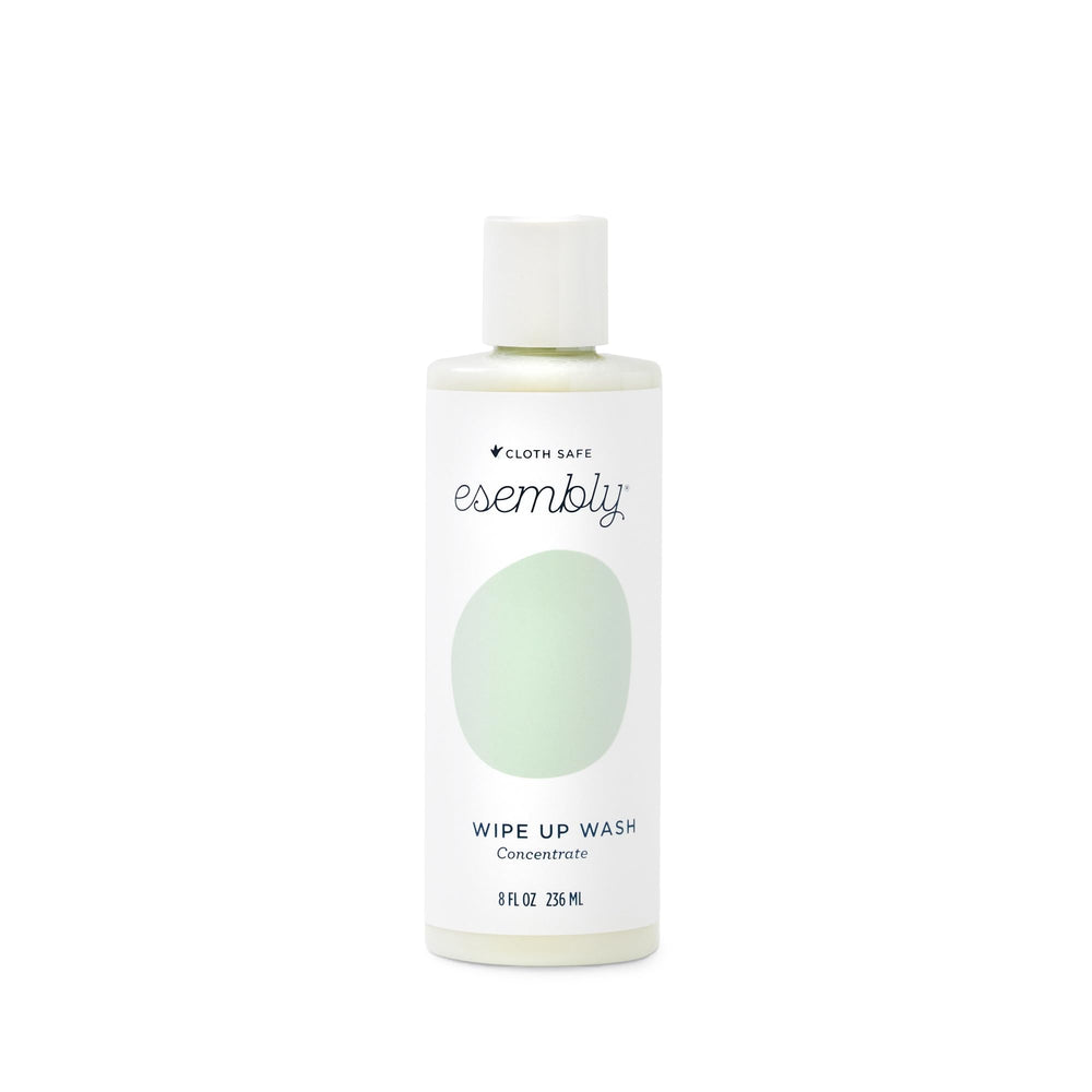 Esembly Wipe Up Wash refill bottle label shows dilution steps for convenient diaper changes