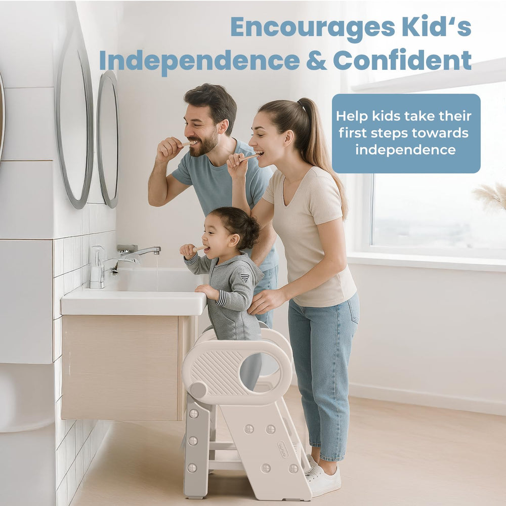 Esemoil toddler step stool with handrails demonstrates stable climbing for independence.