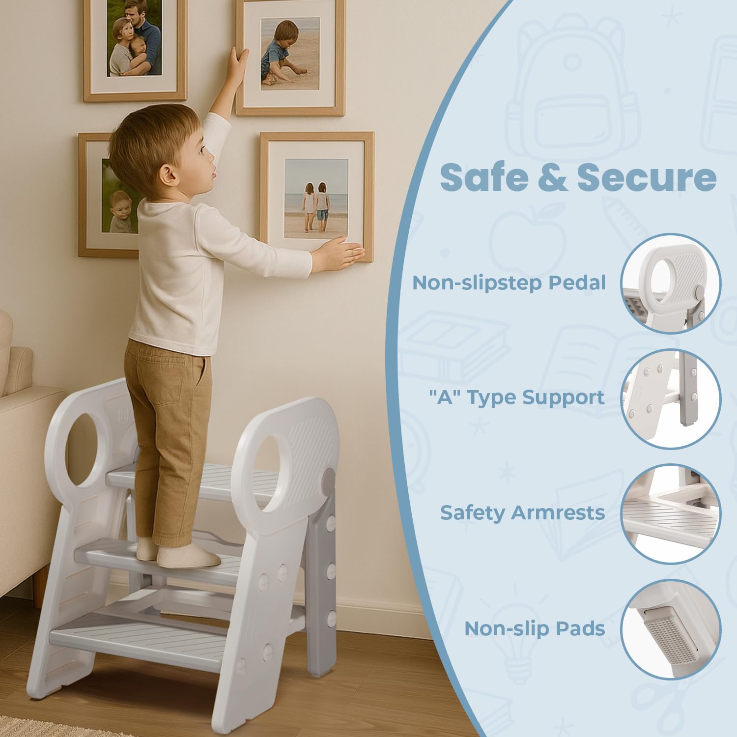 Esemoil height-adjustable three-step stool grows with your child.