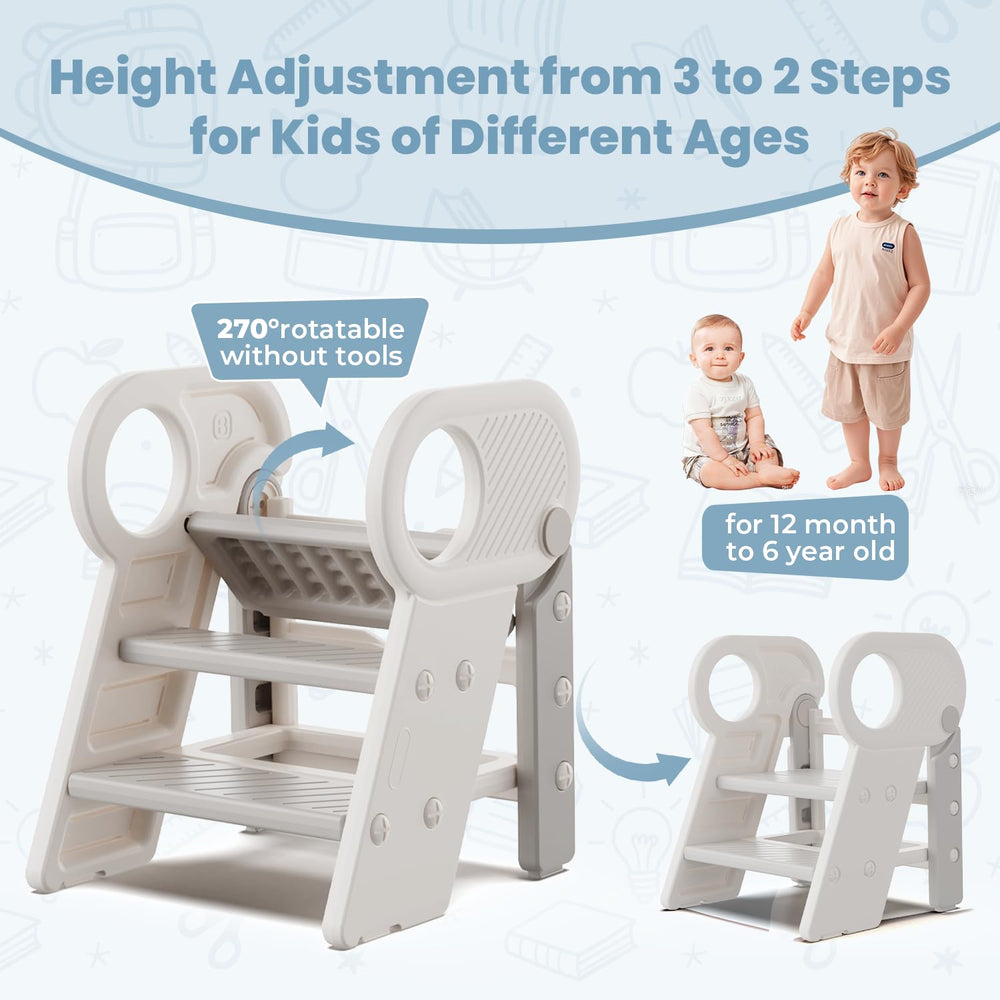 Esemoil versatile toddler stool serves as toilet stool and kitchen helper.