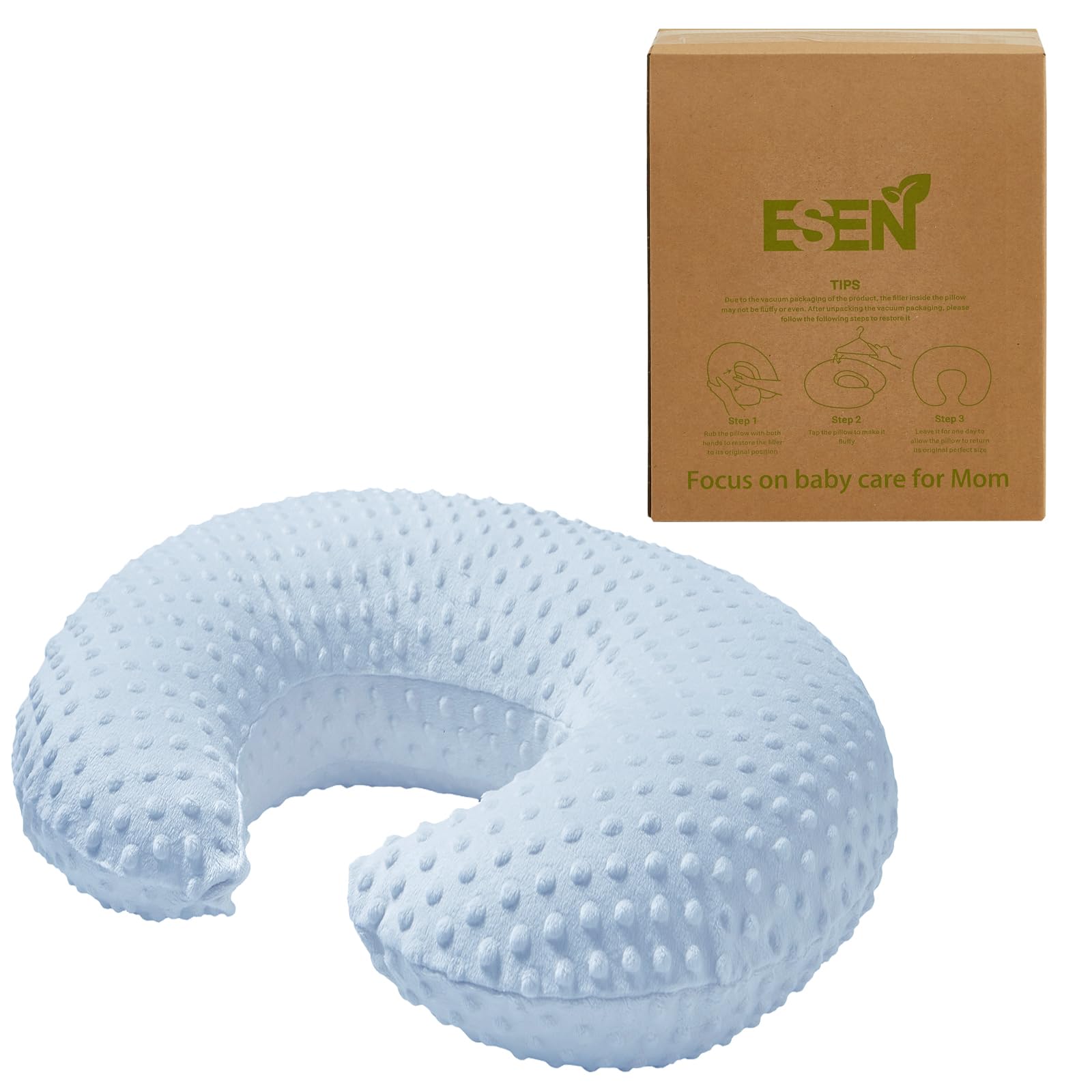 ESEN Nursing Pillow blue removable cover shows easy care and machine washable fabric.