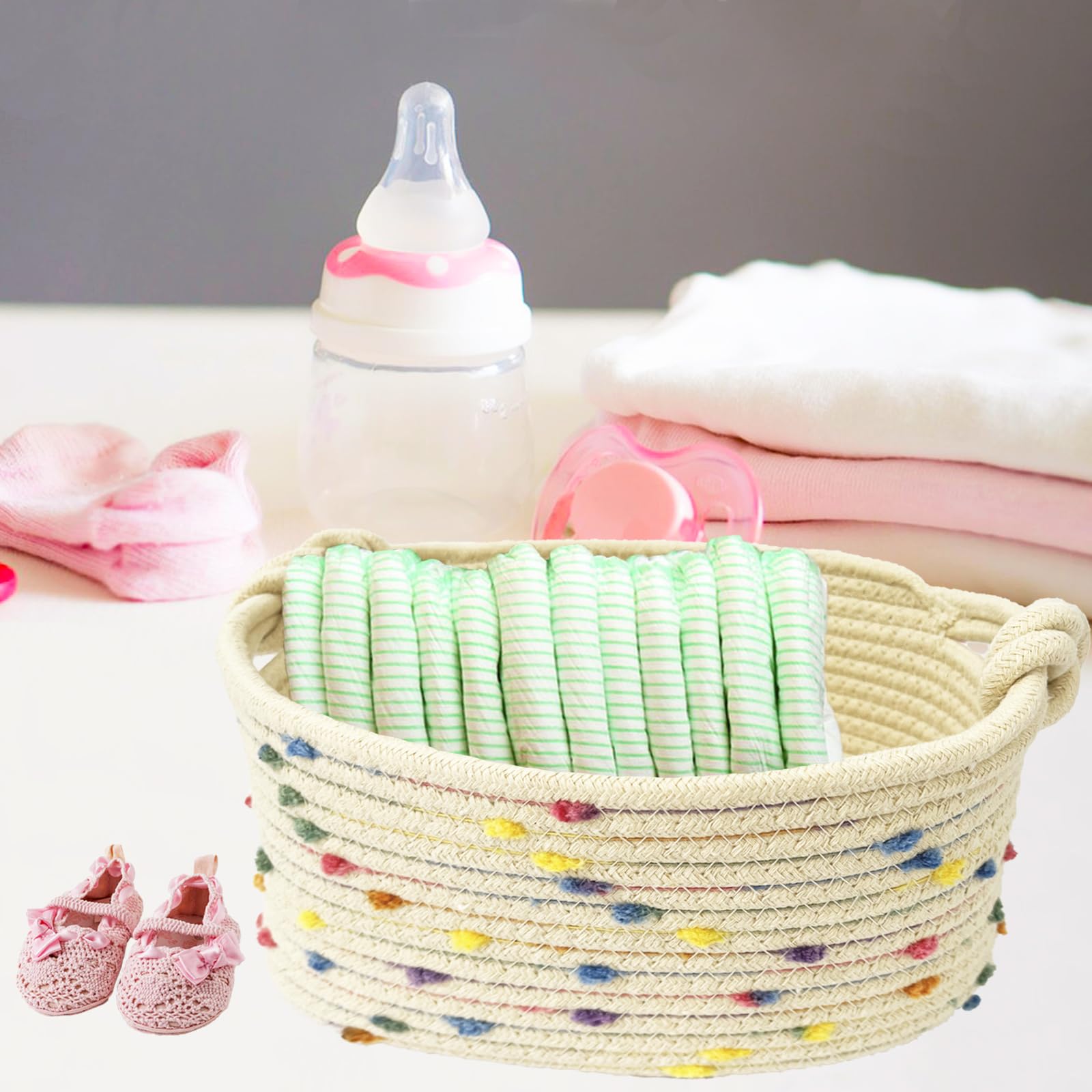 Esme L&H nursery shelf setup, decor-friendly storage for small items.