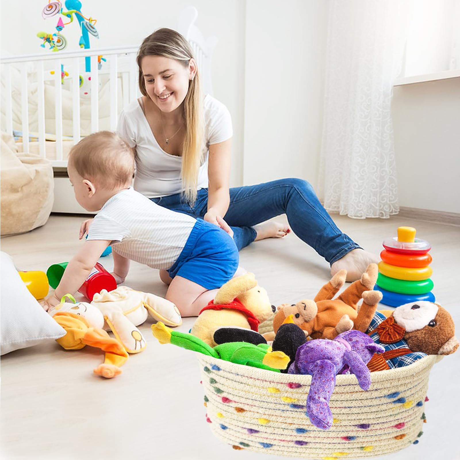 Esme L&H pompom-detail basket, cute decor while organizing toys and supplies.
