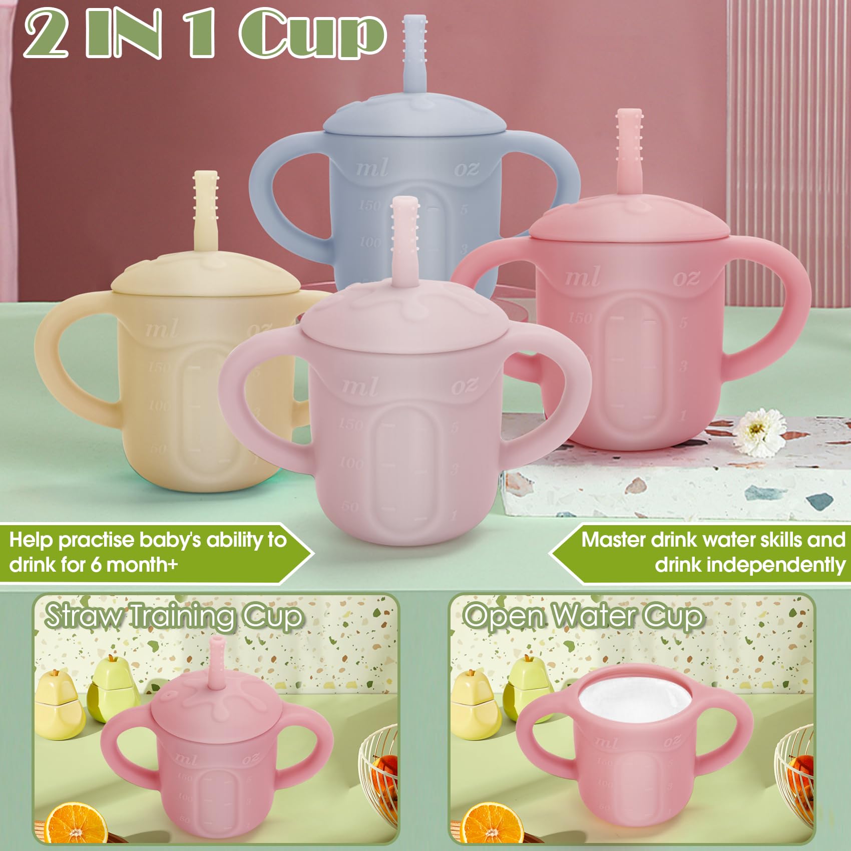EsOfficce silicone baby straw cup open cup supports easy self-drinking practice.