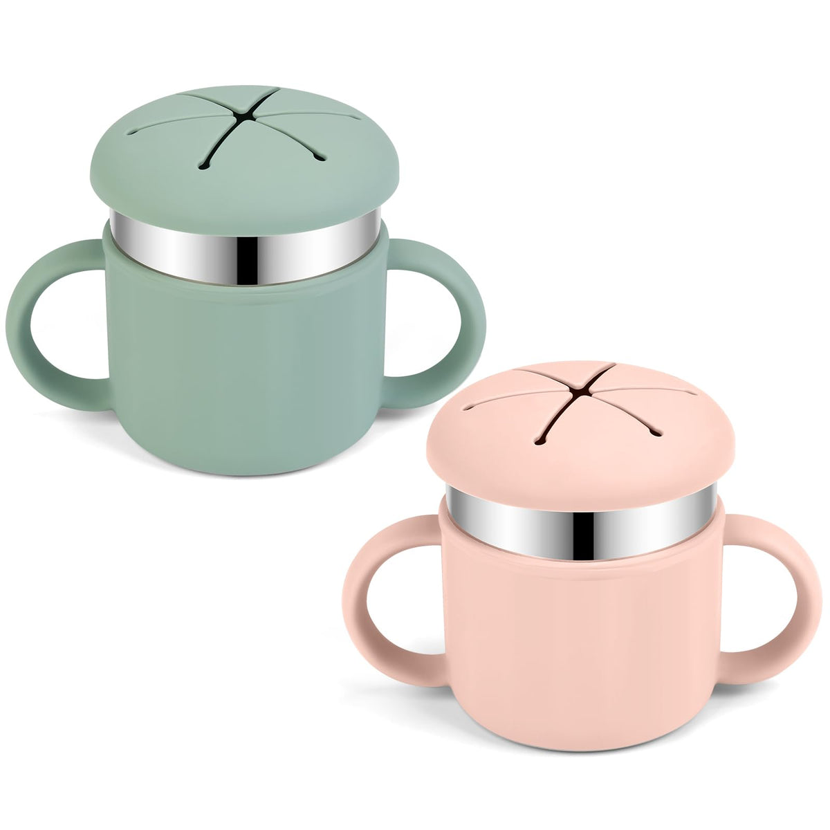 EsOfficce pink-green 3-in-1 view shows versatile toddler snack and drink cup.