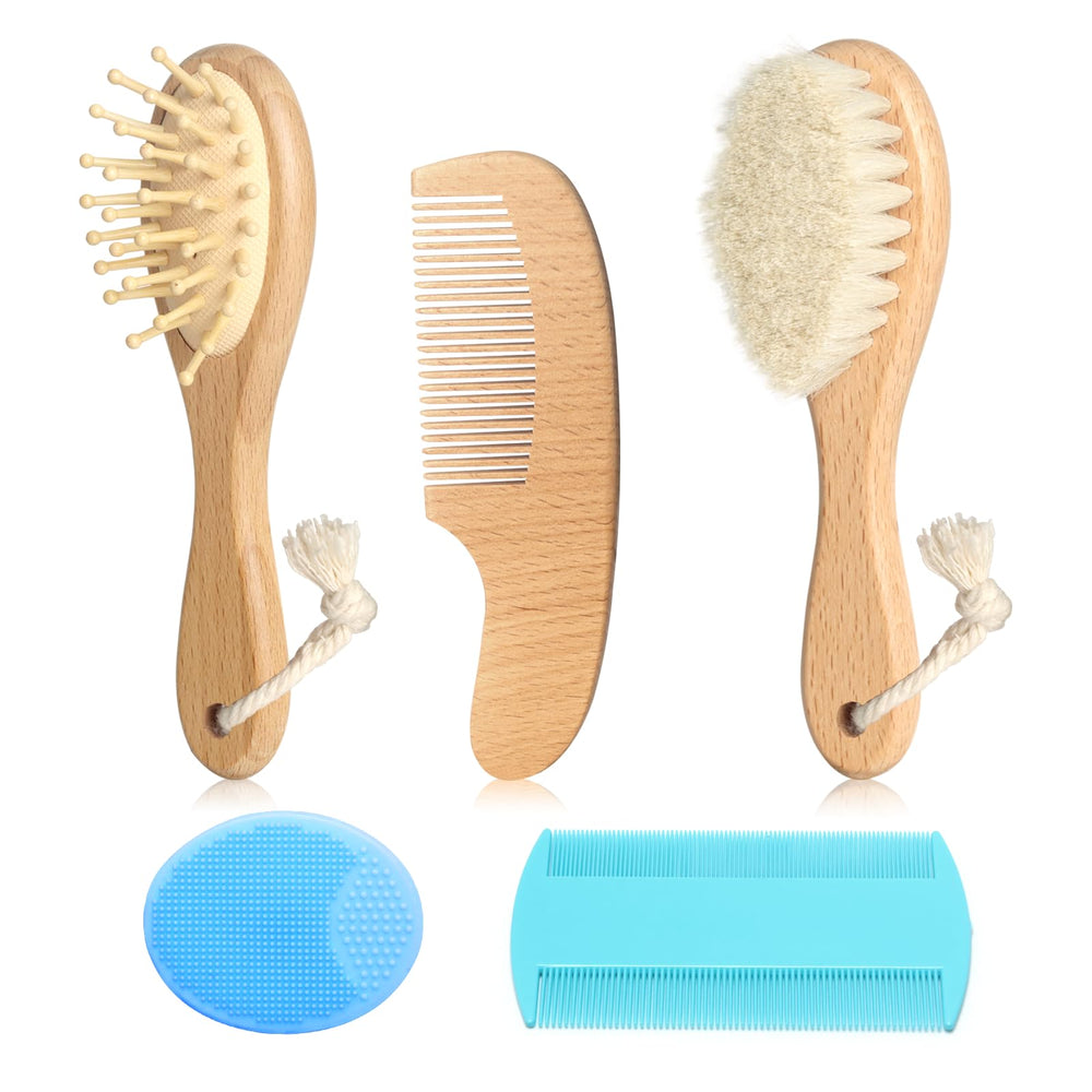 Esonto wooden goat bristle baby brush in blue for gentle scalp care.