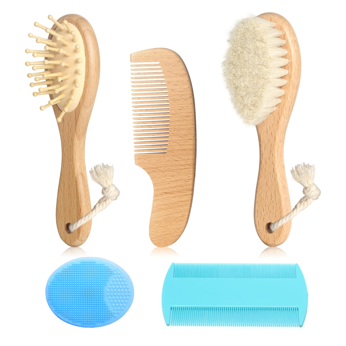 Esonto wooden goat bristle baby brush in blue for gentle scalp care.