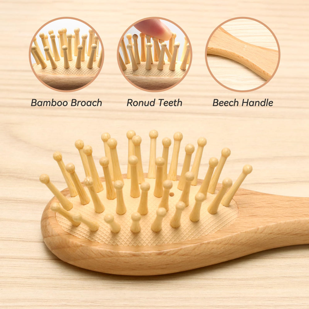 Esonto wooden-handle brush closeup highlighting ergonomic grip and durable natural wood.