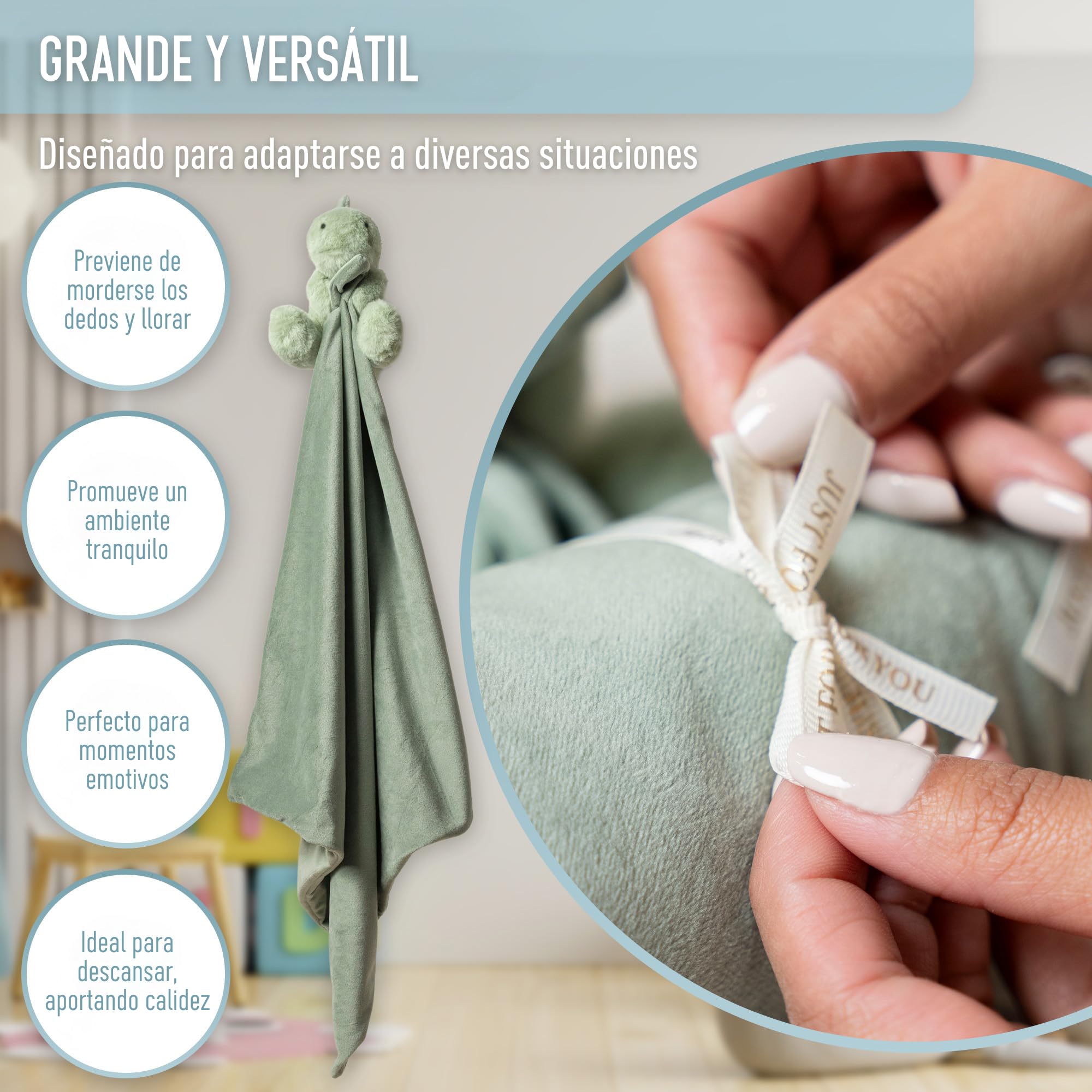 Essentials Ibiza giftable dinosaur lovey includes a free dedication wooden tag for keepsake gifting
