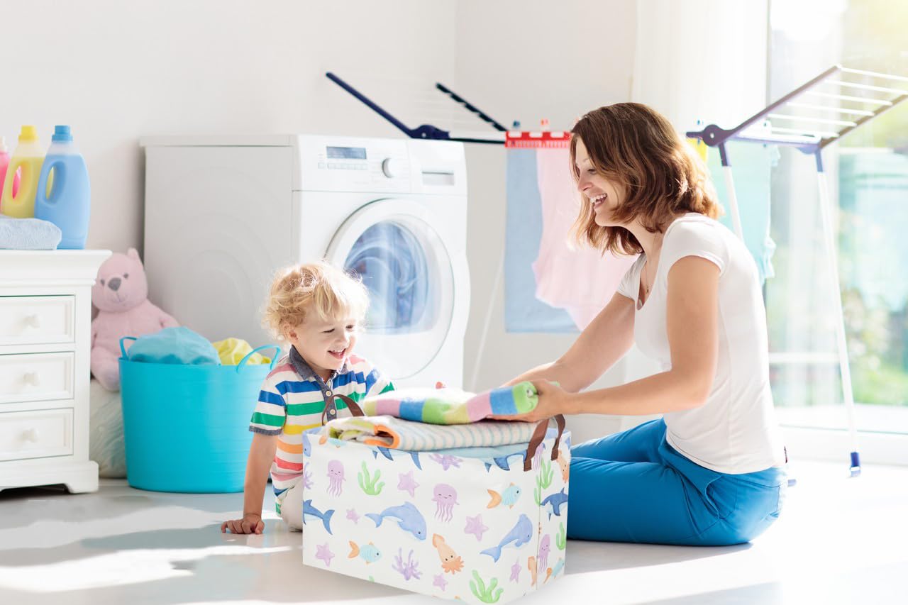 Essme canvas storage basket in laundry stores towels and clothes neatly
