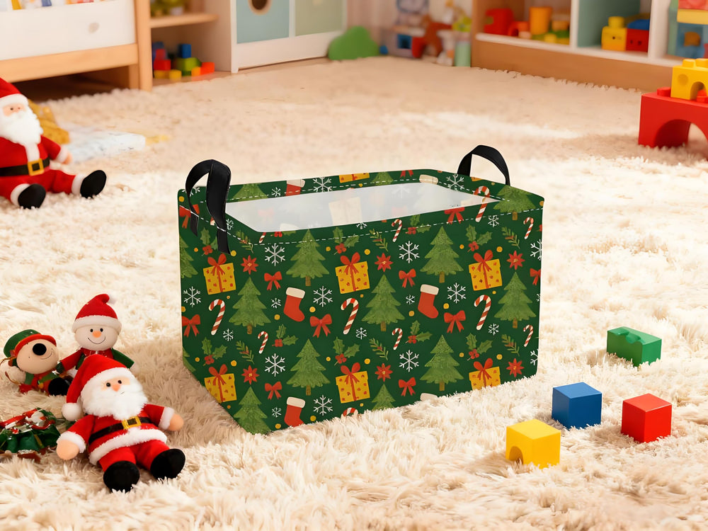 Essme green rectangular Christmas basket sized 14.9 by 10.2 by 9.8 inches for gift displays.