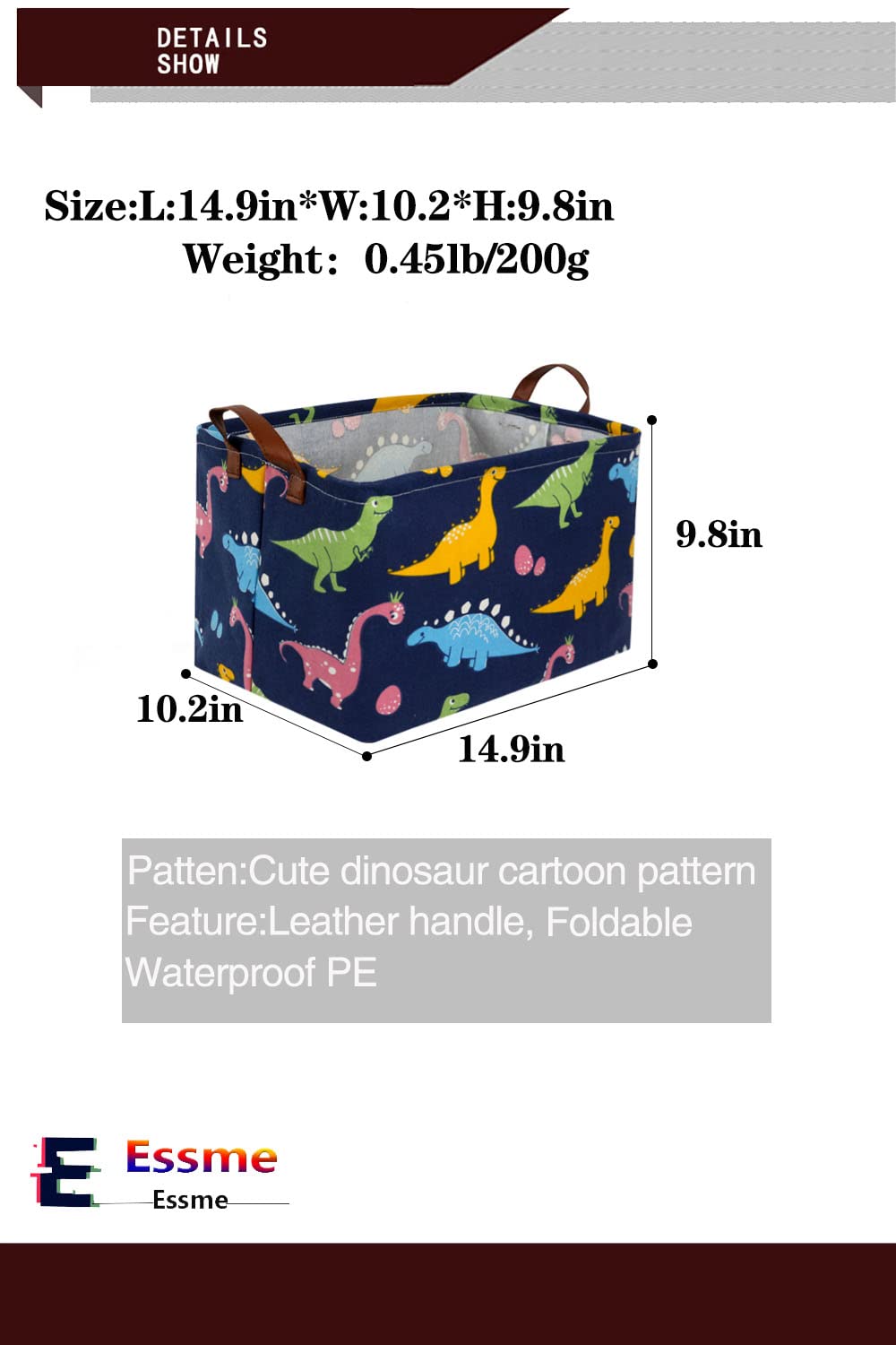Essme dinosaur basket closeup shows linen-canvas texture and dinosaur motif
