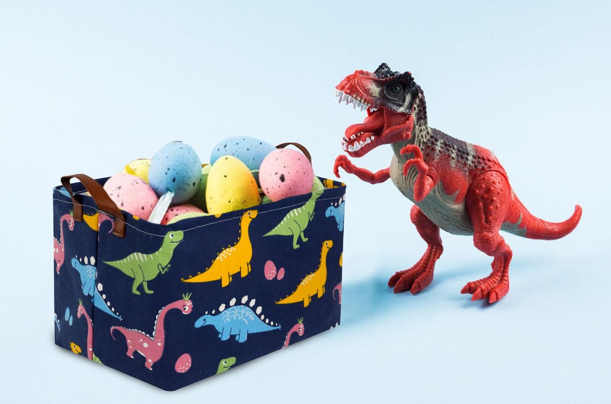 Essme dinosaur basket in use for clothes and books organization