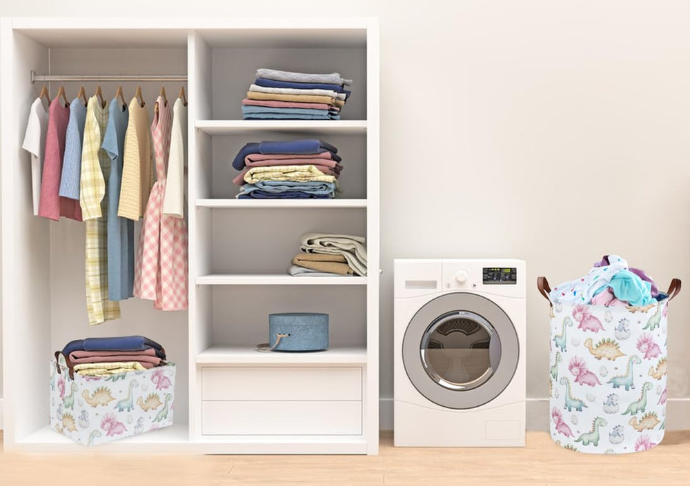 Essme Dinosaur Baskets hold clothes, towels, and small laundry items.