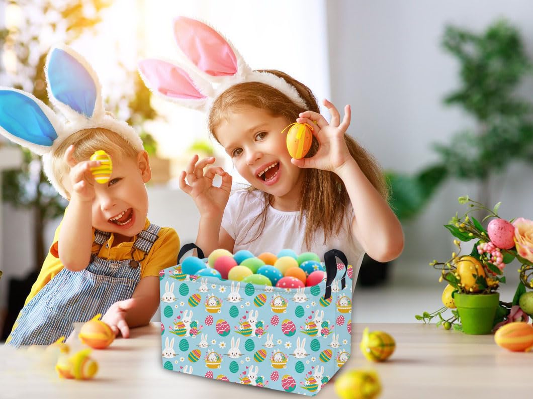 Essme Easter basket featuring blue eggs design adds playful color to kids' room decor.