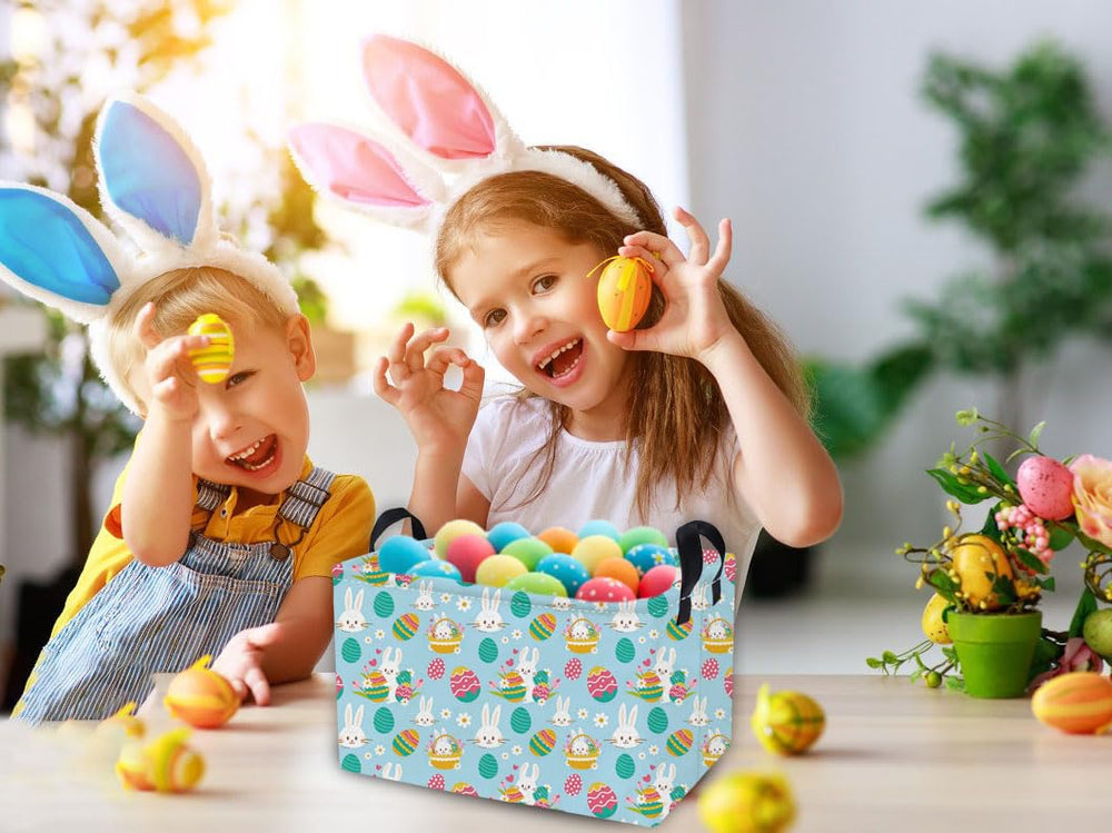 Essme Easter basket featuring blue eggs design adds playful color to kids' room decor.
