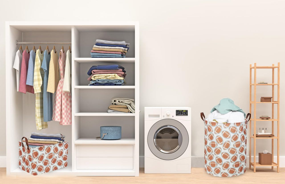 Essme football-patterned basket adds decorative charm while storing toys and laundry.