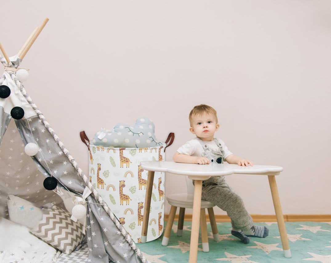 Essme giraffe hamper dimensions show 15.7 by 19.7 inches for storage.