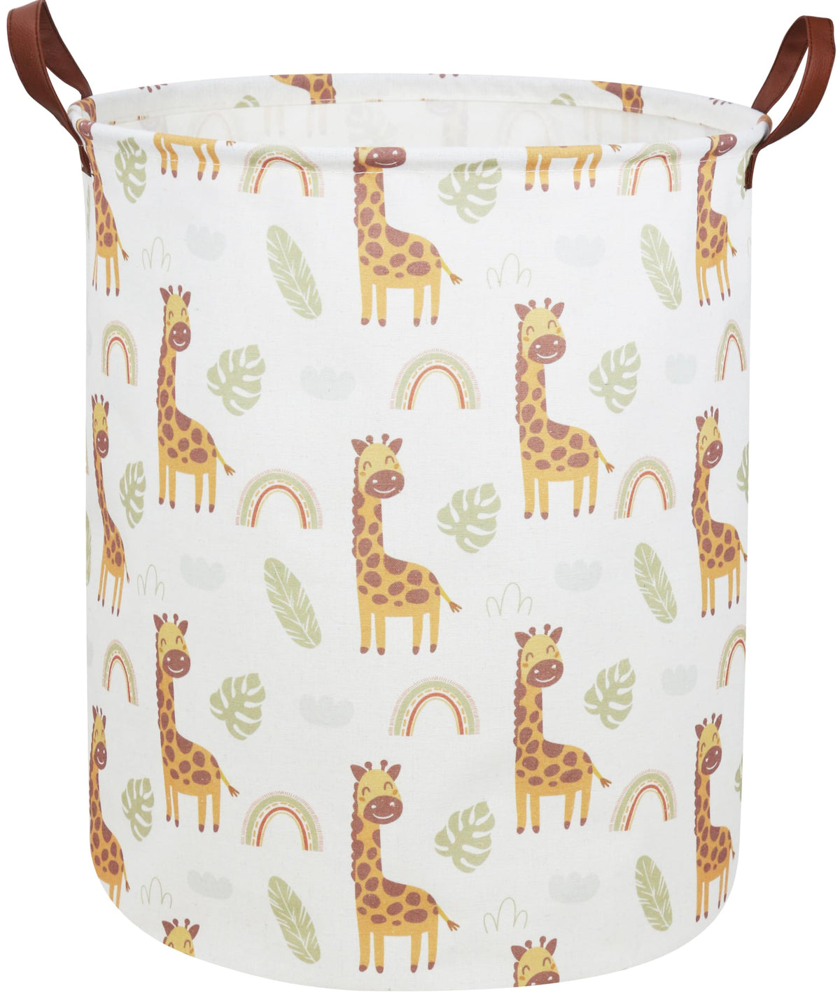 Essme giraffe hamper side view shows sturdy canvas for nursery storage.