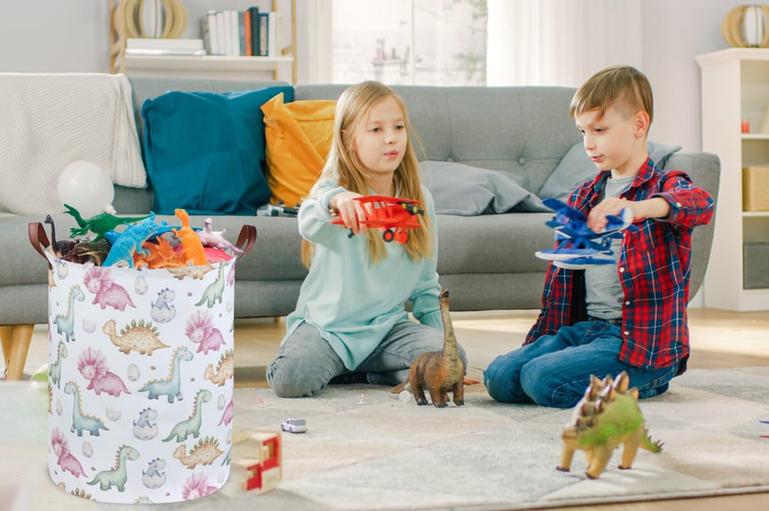 Essme Kids Dinosaur Laundry Basket collapsed for compact storage in small spaces.