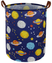 Essme Kids Laundry Basket with dinosaur pattern for playful toy storage in a space-themed room.