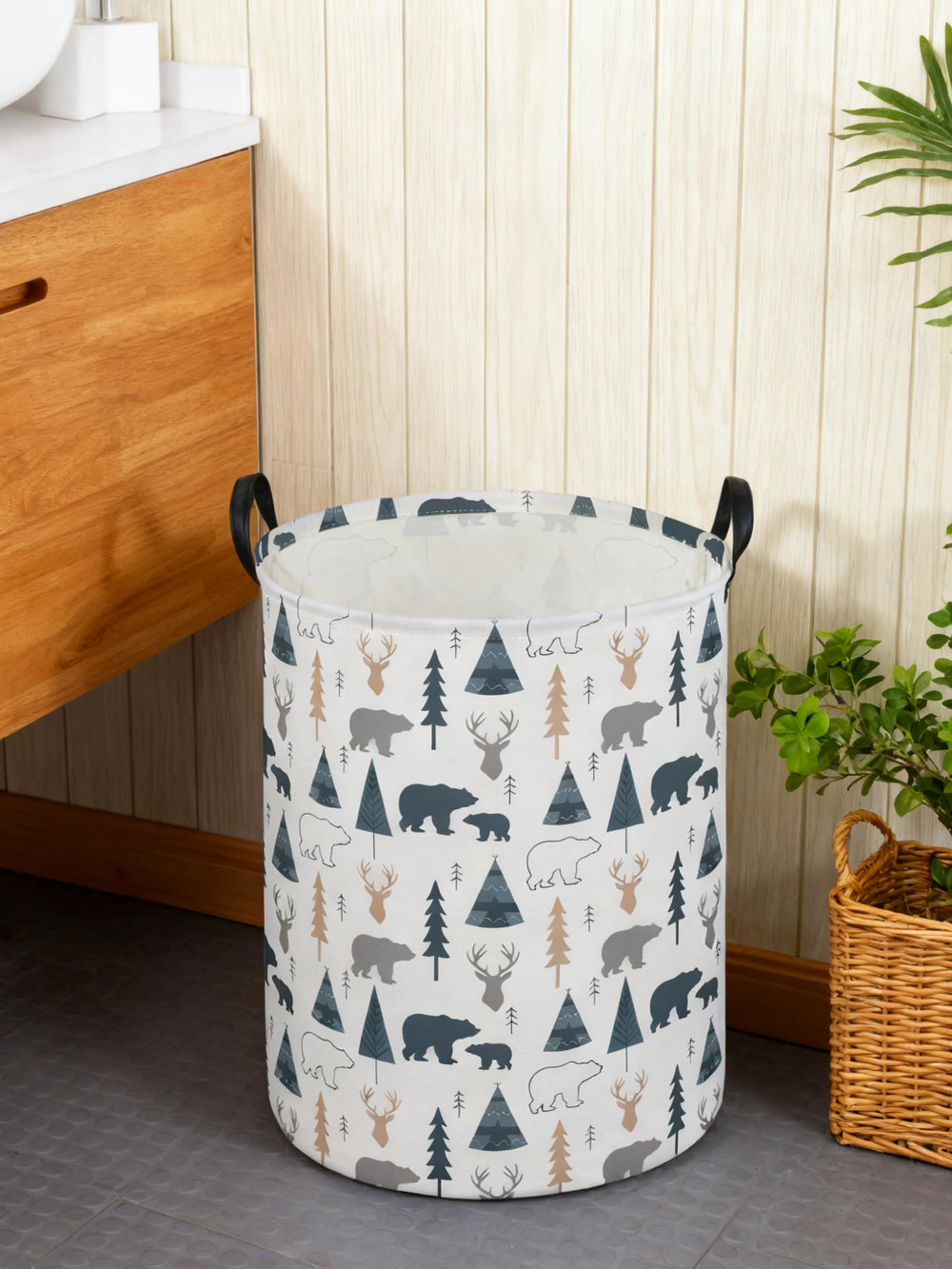 Essme woodland pattern basket ready for kid's room organization and decor.
