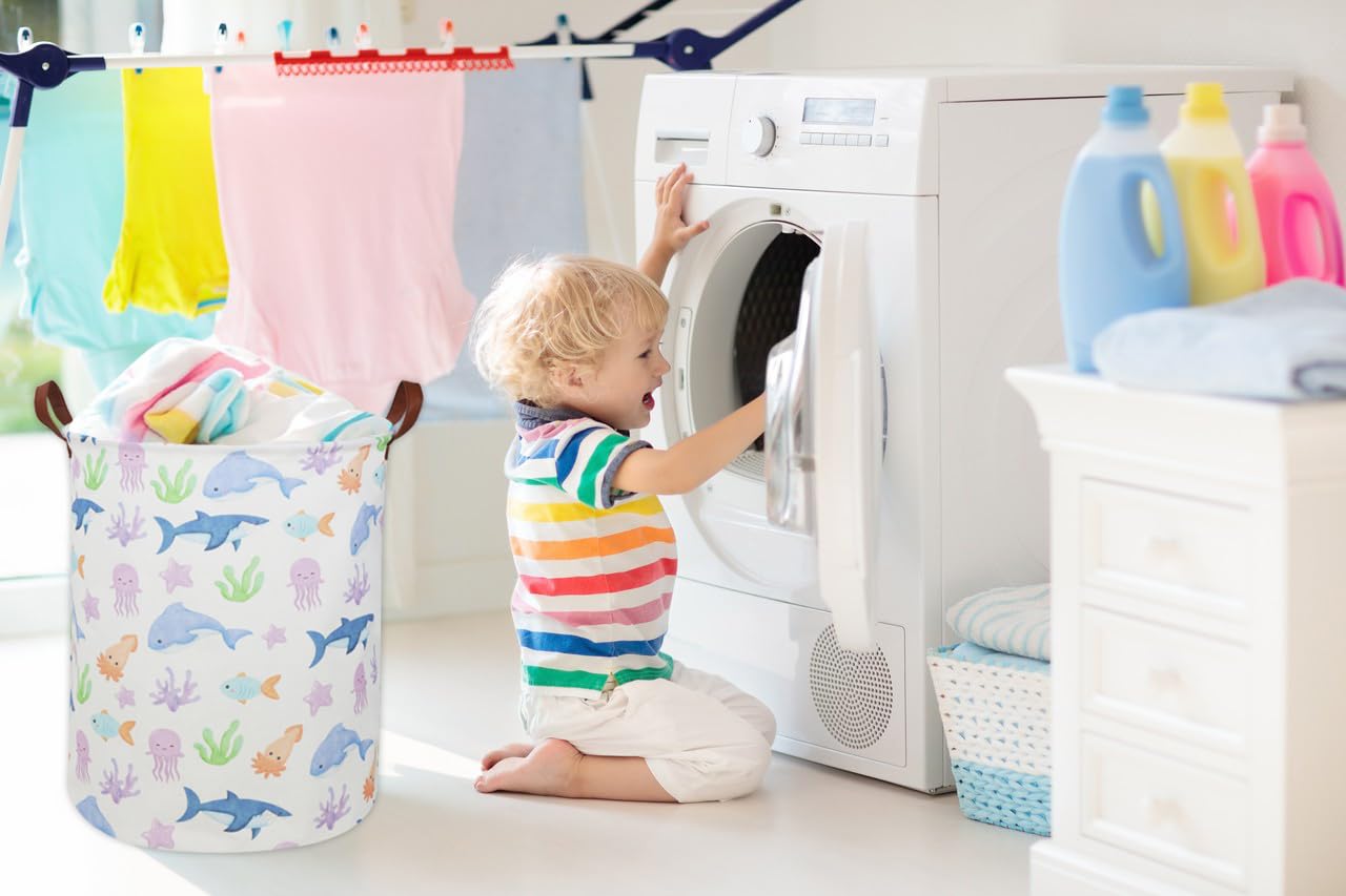ESSME Kids Laundry Hamper ocean color fits nursery decor and keeps clutter down.