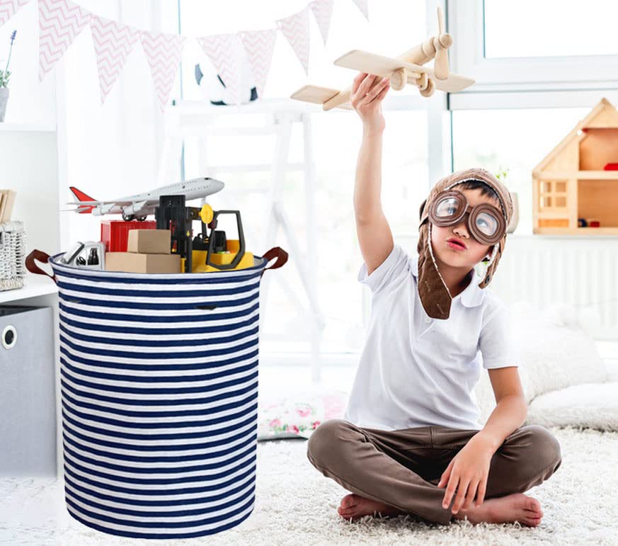 Essme navy blue stripes hamper stylish canvas storage for nursery and play areas.
