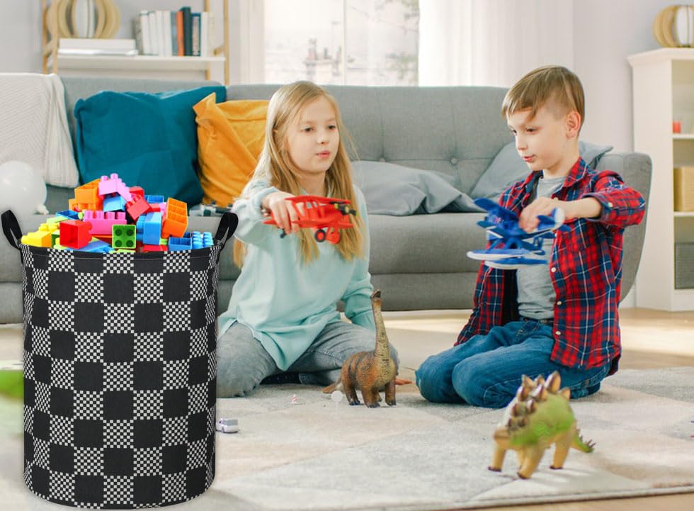 Essme nursery toy bin in black grid complements kid-friendly rooms and tidiness